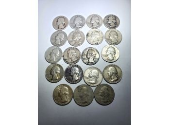 Nineteen US Silver Quarter Coins - Assorted Years 1930s - 1960s