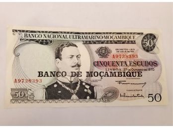 Vintage 1970 Banco De Mocambique Mozambique 50 Escudos Banknote