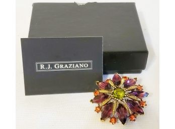 Lovely RJ Graziano NOS Ladies Brooch Pin Gold Tone W/ Austrian Crystals In Box
