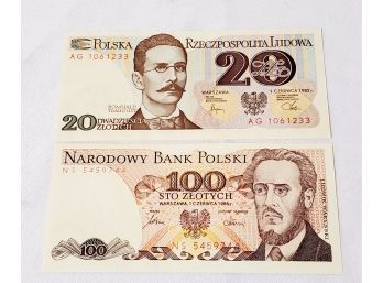 1982 & 1986 Warsaw Poland 20 & 100 Banknotes