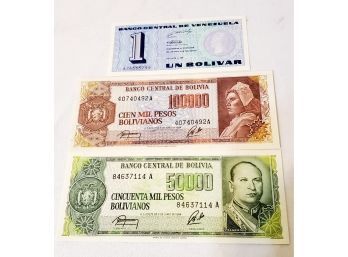 Three Bolivian Paper Banknotes - 1984 & 1989 - Various Denominations - Uncirculated