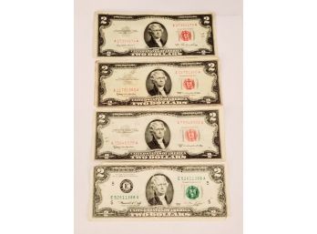 Four Vintage Two Dollar US Banknotes-red & Green Seals-1953, 1953C, 1963, 1976