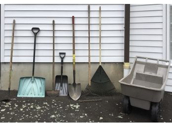 7 Garden Tools & Rubbermaid Caddy, Wheelbarrow