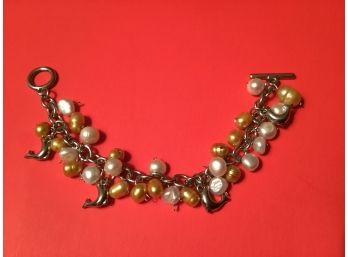 White, Amber Sea Pearl Bracelet W Hanging Dolphins