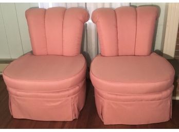 PR. Upholstered Carnation, Ballerina Pink Rolled Back Skirted Chairs