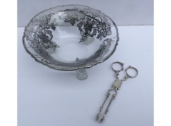 Sterling Silver Overlay 3 FT. Bowl & Olive Tongs