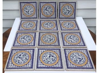 12 Hand Painted Decorative Terra Cotta Tiles, Italy, Blue, Yellow & White