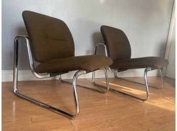 Pair Modern Steelcase Brown Upholstered Flat Chrome Chairs