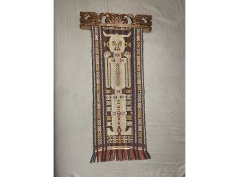 Mid Century Hand Woven Tapestry And Hand Carves Hanger