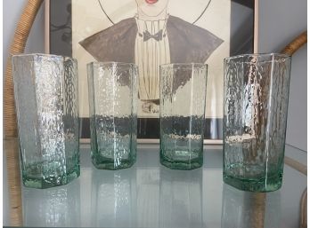 Vintage Libbey Facets Green Hexagon Glass Set Of 4