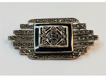 Fabulous Vintage Marcasite And Onyx  Sterling Silver Pin