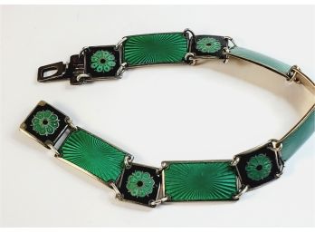 Super Rare Vintage Designer  David Anderson Norway Sterling Silver Green Guilloche Enamel Panel Bracelet
