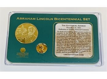 Abraham Lincoln The Gettysburg Address Bicentennial 2 Coin Gold Plated Set In Case - American Mint