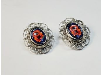 Vintage Clip Back Enamel Flower Earrings