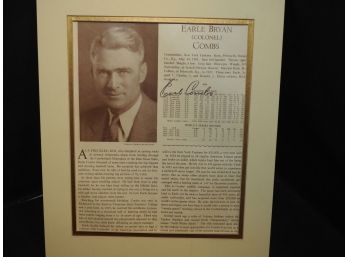 Signed HOFer Earle Bryan 'colonel' Combs NY Yankees Statistical Matted Picture