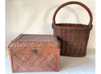 Vintage Wicker Box With Clasp & Woven Basket With Leather Accents
