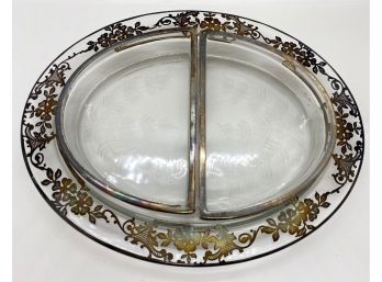 Vintage Two Sided Serving Dish With Silver Details & Etched Glass Inserts