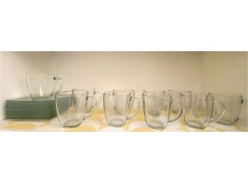 10 Glass Mugs & 10 Square Saucers