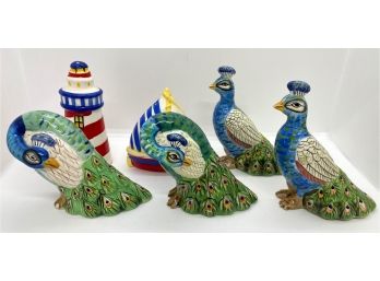 Three Sets Of Salt & Pepper Shakers: Peacocks & Lighthouse With Boat