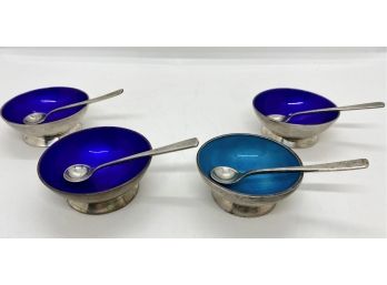 Set Four Codan Vintage Sterling Silver & Blue Enamel Salt Cellars With Spoons Marked 925, Mexico