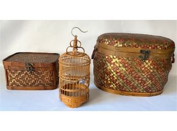 Two Vintage Wicker Box With Clasps & Decorative Bird Cage