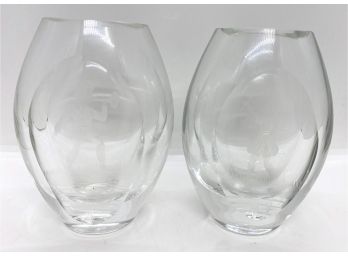 Vintage Small Handblown  Glass Vases With Etched Figures Of Man & Woman