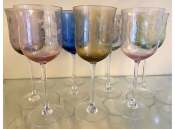Ten Vintage Etched Glass Wine Glasses
