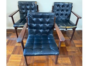 Three Mid Century Modern Wood Arm Chairs With Leather Seats