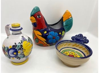 Mexican Ceramic Chicken, Small Jug & Bowl