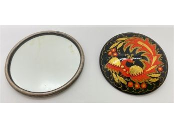 Vintage USSR Russian Hand Painted Wooden Pin & Silver Mirror Marked 875