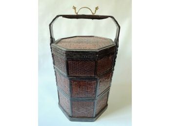 Vintage Asian Three Tiered Storage Basket With Metal Details