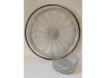 Vintage Crystal Bowl & Large Serving Platter With Silver Plate Rim