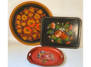Antique Russian USSR Hand Painted Metal Trays & Wood Tray Ready To Hang