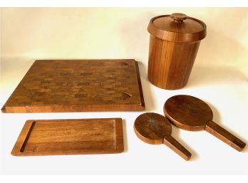 Mid Century Cutting Board, Dansk Cheese Platters With Knives & Wiggers Ice Bucket, All Danish