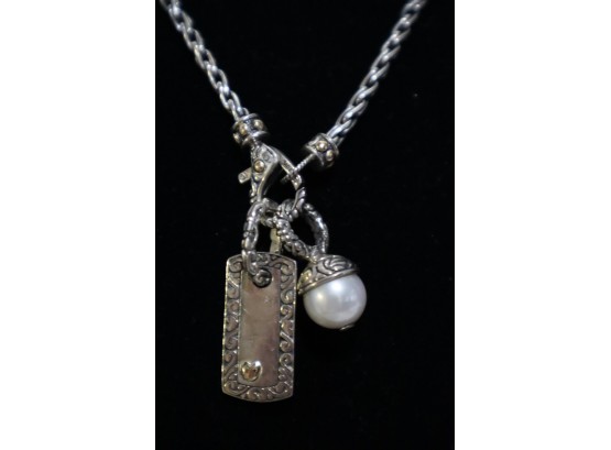 925 Sterling Silver With 18K Embelishments Necklace With 2 Charms 1 With Pearl Signed 'ID' And 'DS'