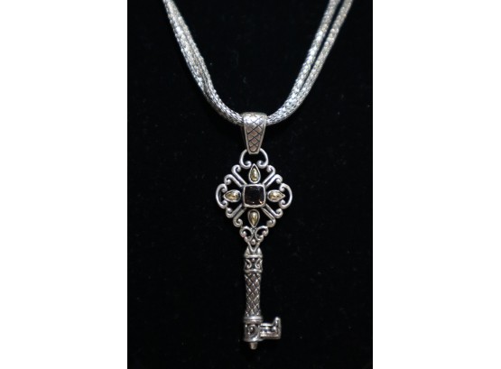 925 Sterling Silver With 18K Gold Embellishments And Brown Center Stone Key Pendant Signed 'BJC' On 925 Chain