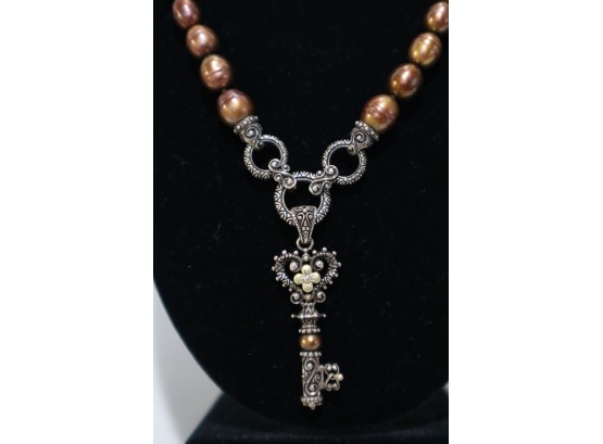925 Sterling Silver With 18K Embelishments, Brown Pearls And Key Charm Necklace