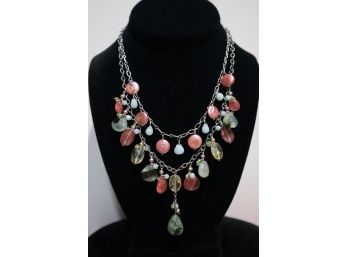 925 Sterling Silver With Pink And Green Stones And Pearls Necklace