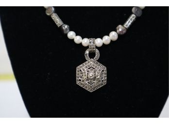 925 Sterling Silver With Marcasites And Pearls Necklace