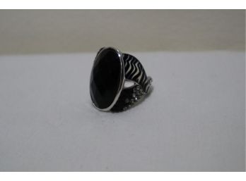 925 Sterling Silver With Black And Clear Stones And Zebra Enamel Ring Signed 'Sigal' Thailand Size 8.5