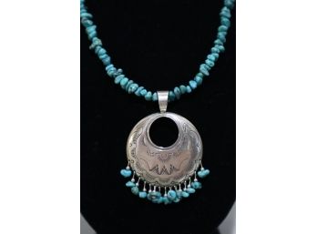 925 Sterling Silver With Turquoise Necklace Signed 'QT'
