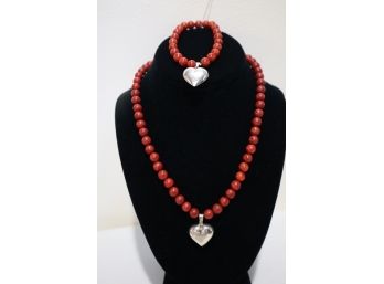 925 Sterling Silver With Red Stones And Sterling Heart Pendant Necklace And Stretch Bracelet Set Signed 'LS'