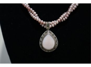 925 Sterling Silver With Pink Pearls Necklace And Pink Stone With Marcasites Pendant