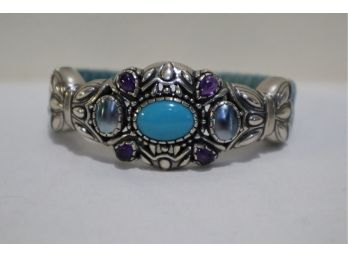 925 Sterling Silver With Turquoise, Purples Stones And Abalone Cuff Bracelet With Fabric/Leather By Relios Inc