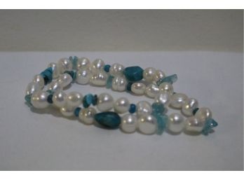 2 Freshwater Pearl, Turquoise And Blue Stones Stretch Bracelets