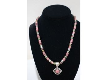 925 Sterling Silver With Pink And Green Stones Necklace Signed 'CD'