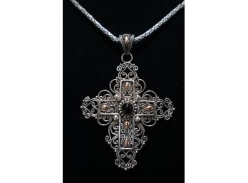 925 Sterling Silver With 18K Gold Embellishments And Onyx Center Stone Cross Signed 'BA' Indonesia 925 Chain