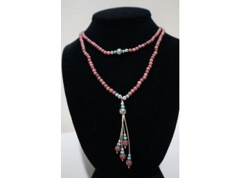 925 Sterling Silver With Turquoise And Pink Stones Necklace Signed 'QT'