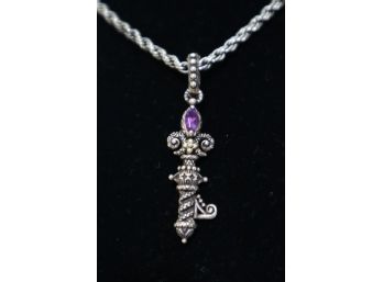 925 Sterling Silver With 18K Embelishments And Purple Stone Key Charm Necklace Signed 'Bixby' China