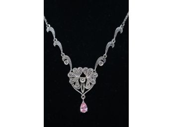 Marked 'Sterling' Silver With Marcasites And Pink Stone Necklace